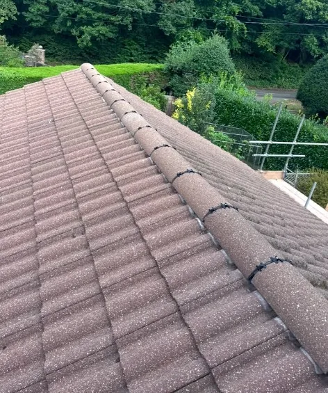 new brown tiled roof with professional dry-fix ridge system and scaffolding in Hartley Wintney — Mitchell's Roofing