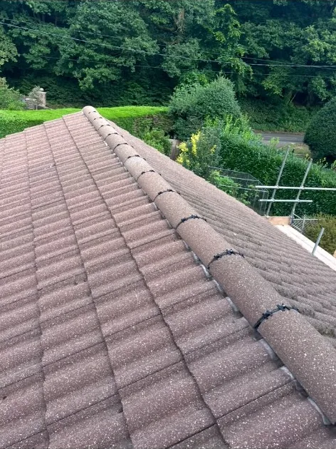 new tiled roof with ridge clips and scaffolding during installation in Lightwater — Mitchell's Roofing